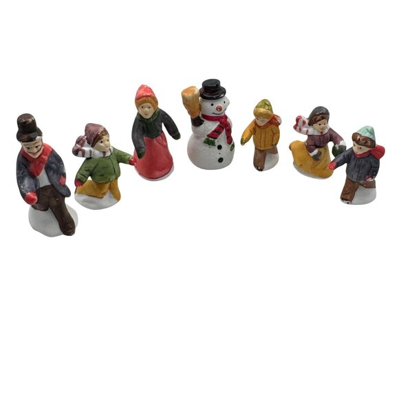 Lemax Set 7 Hand-Painted Ceramic Christmas Figurines With Snowman & Kids Playing - Picture 1 of 7